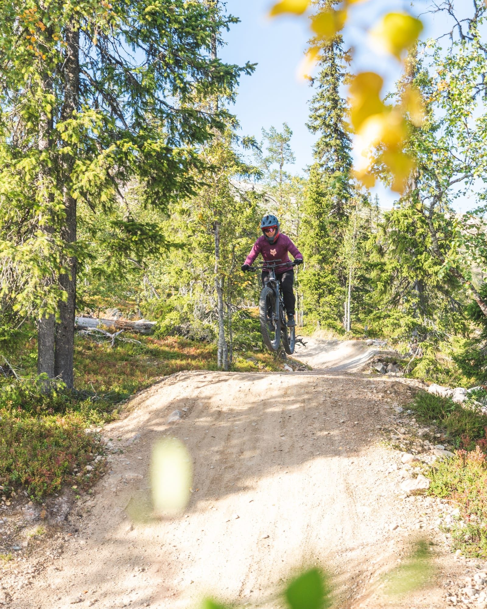 Aloittelija helpolla flow-reitillä ohjatulla Bike Park tutuksi -kurssilla Ylläksellä