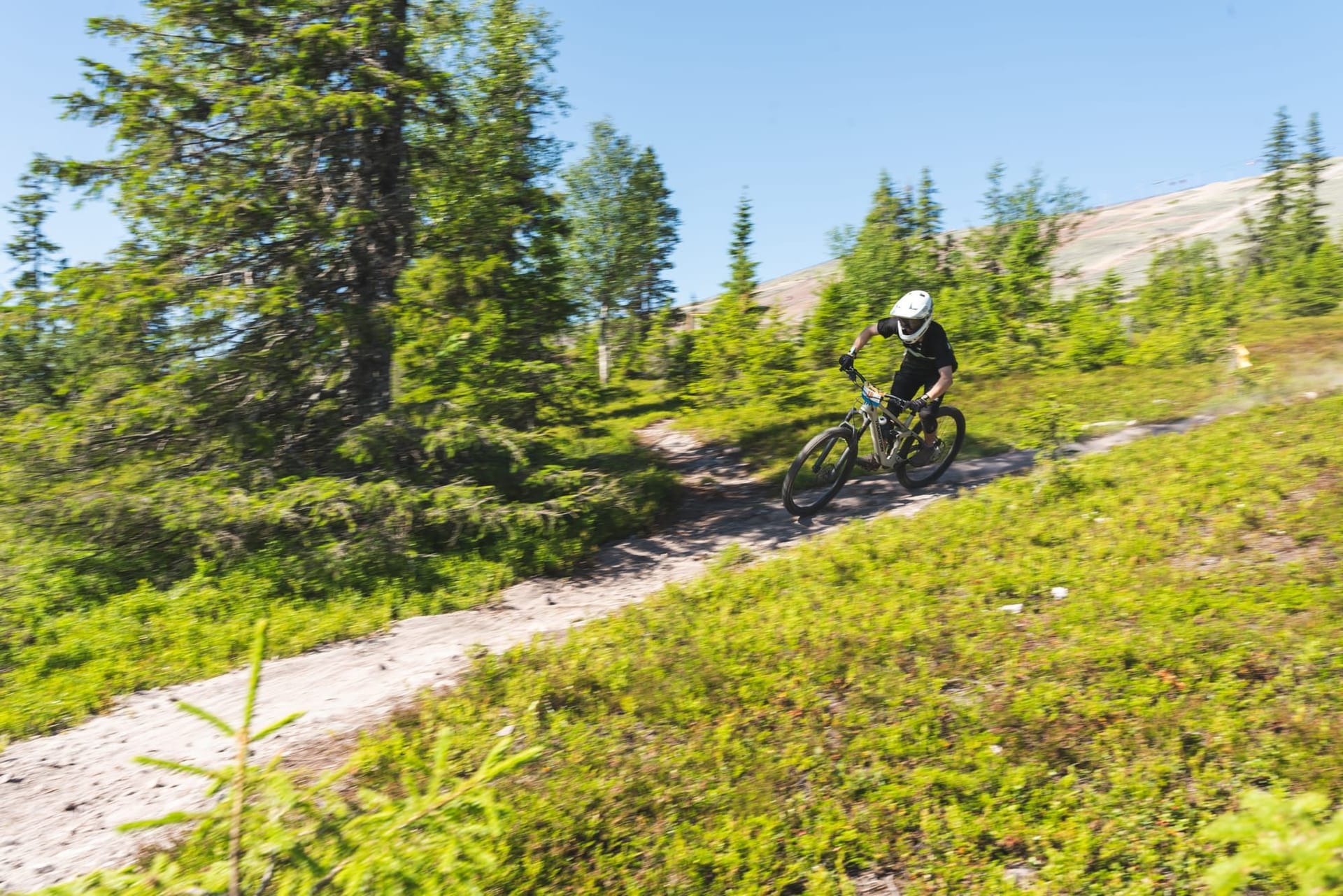 Biker picking a technical line on the Enduro Twist trail at Ylläs Bike Park