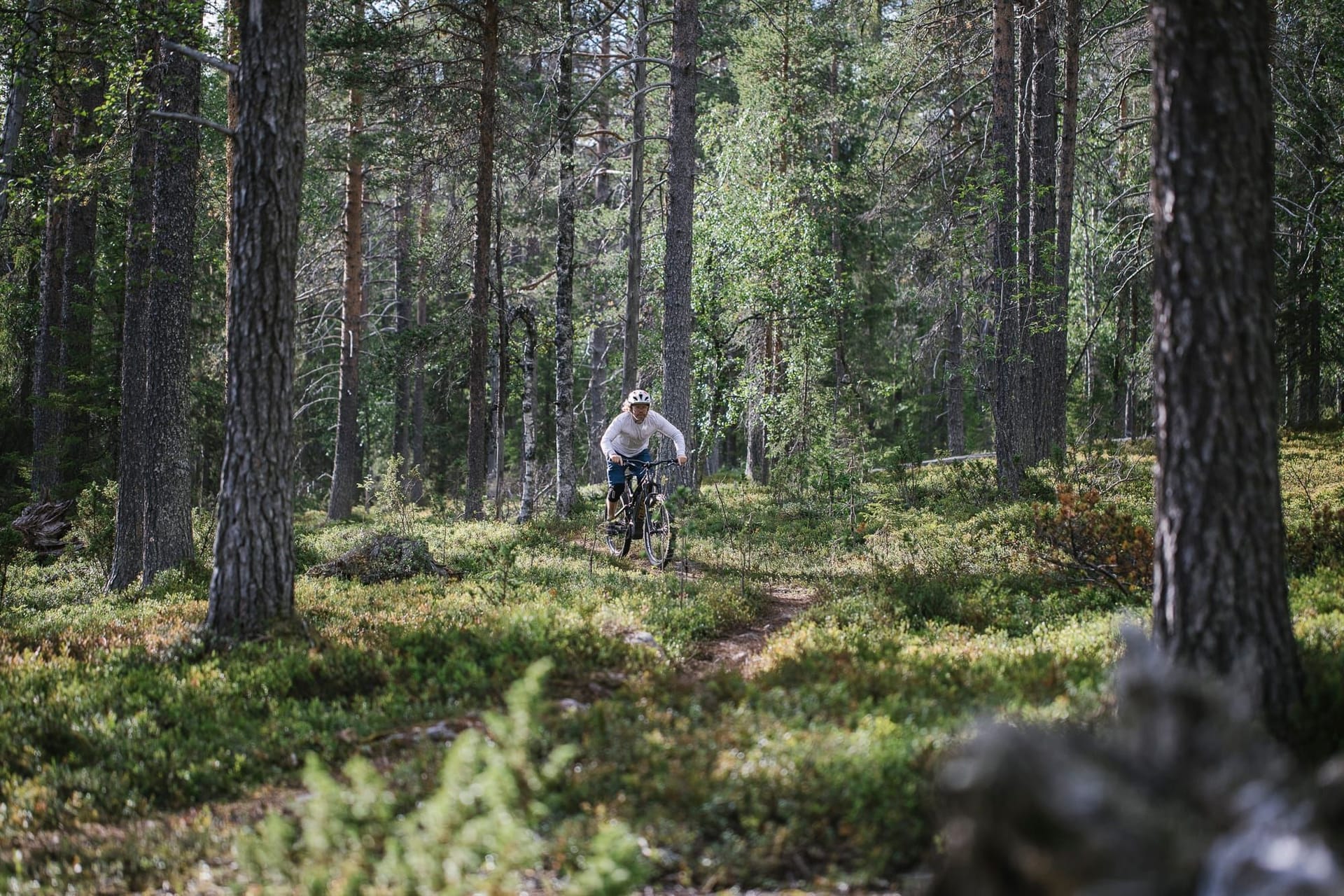 Pyöräilijä Full Enduro -reitillä suomalaisessa metsässä Ylläs Bike Parkissa