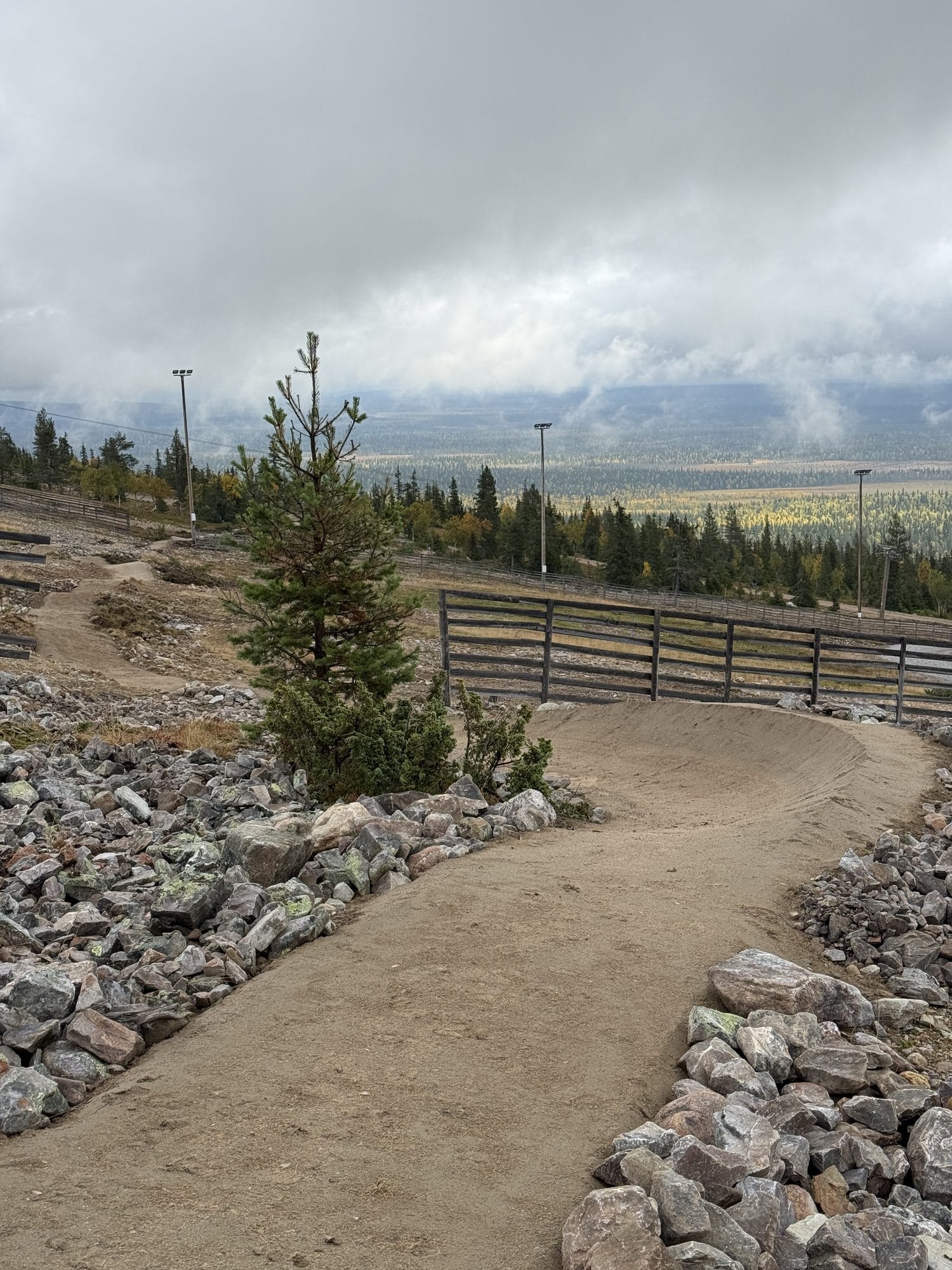 Banked corner on the Shakedown trail with fell scenery at Ylläs Bike Park